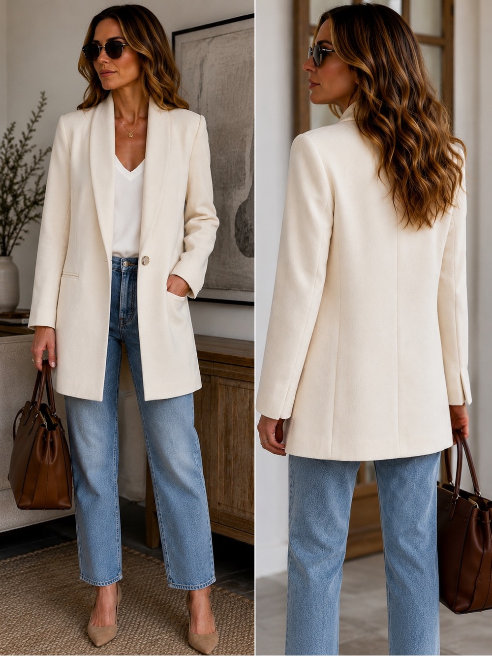 Vintage Smooth Premier 100% Wool Ivory Longline Blazer Coat Size 6